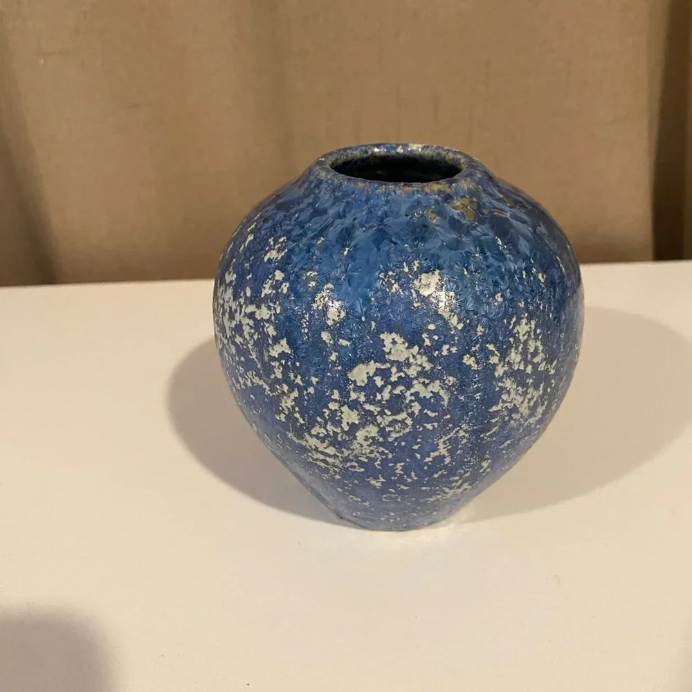 Antique Blue Spongeware Pottery Vase - 6” Small Rustic‎ Vintage Decor
